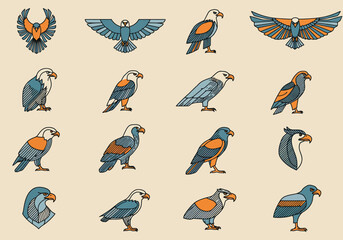 Stylized Eagle Illustrations Diverse Poses and Color Variations in Vector Format