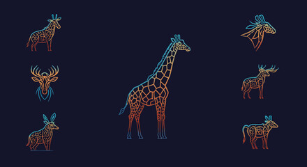 Stylized Giraffe and Deer Illustrations with Gradient Outlines on Dark Background
