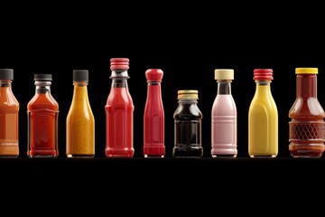 Assorted Sauces and Condiments in Bottles Arranged on Black Background for Culinary and Food Photography