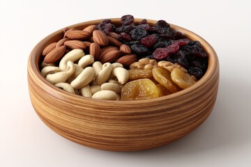Healthy Snack Bowl with Mixed Nuts and Dried Fruits on White Background for Nutrition and Diet Planning