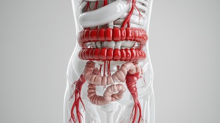 Human digestive system anatomy is visible within a transparent torso revealing the colon, intestines, and major blood vessels in a detailed medical illustration.