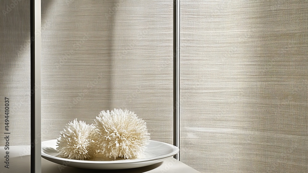 Poster still life with soft, round decorative objects in a minimalist, serene space. soft textures