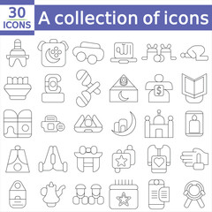  A collection of icons representing various aspects of Ramadan, featuring cultural symbols, food items, and religious elements