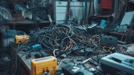 Tangled electronic wires and devices in a workshop