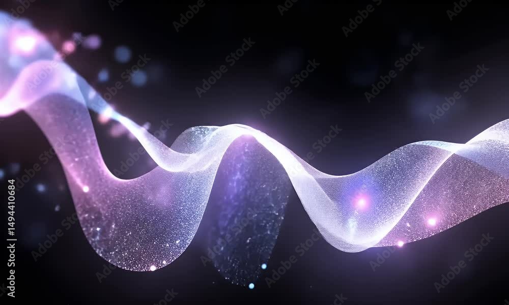 Poster abstract background with glowing pink and blue light waves on a black canvas, creating an ethereal a