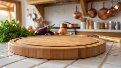 Large Round Bamboo Cutting Board in Modern Kitchen Setting