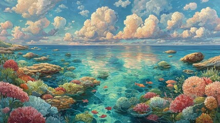 Naklejka premium Stunning painting of a serene sea scene capturing the beauty of nature with gentle waves and sky reflections