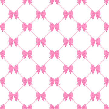seamless  pattern with pink bow on grid background 
