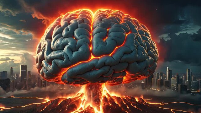 Fiery glowing brain explosion over city skyline with dramatic clouds in surreal apocalyptic science fiction scene