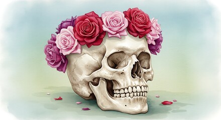 Naklejka premium Sugar Skull with Rose Wreath A Day of the Dead Inspired Illustration