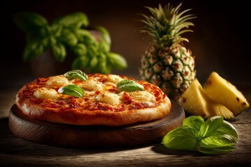 Delicious freshly cooked pizza with pineapple, basil, and cheese placed on rustic wooden table surrounded by vibrant ingredients
