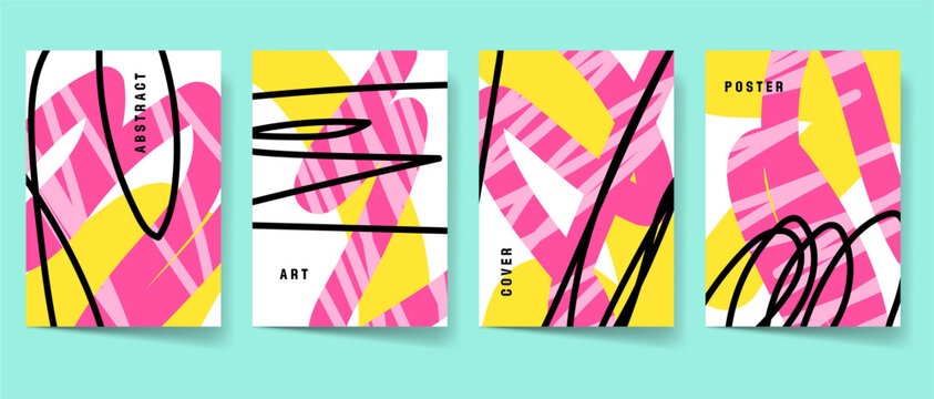 Modern abstract art cover template set. Maximalism poster collection. Creative pink and yellow modern art for print. Scribble contemporary pattern graphics