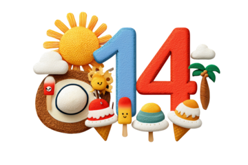A set of cheerful July 14 calendar icons with playful summer elements like ice cream and sun hats isolated on a transparent background