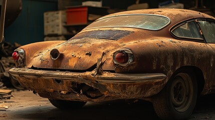 Rusty Vintage Classic Car Rear View Detailed Image Old Vehicle Photography Brown Orange red auto worn aged retro wreck  