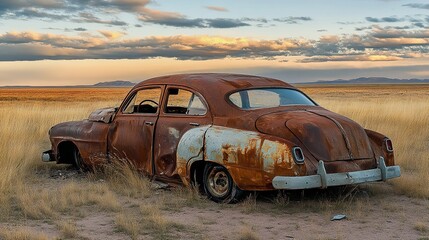 Rusty Classic Car Abandoned in a Golden Field Sunset Landscape Photography sky red worn aged road grass rural color     