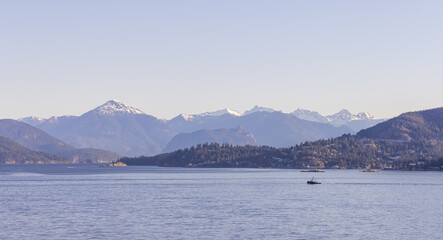 Scenic Morning View of Mountains and Water in West Vancouver, BC, Canada