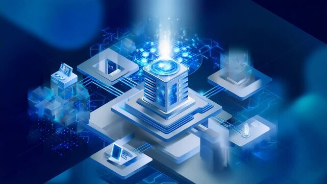Futuristic digital tower with glowing elements representing advanced technology.
