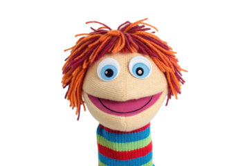 PNG Colorful sock puppet with vibrant yarn hair and striped body
