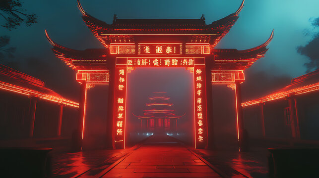 A mystical image of a Mulan temple illuminated with red neon lights, creating a vibrant and enchanting atmosphere. The neon lights highlight the temple's architecture, blending traditional design