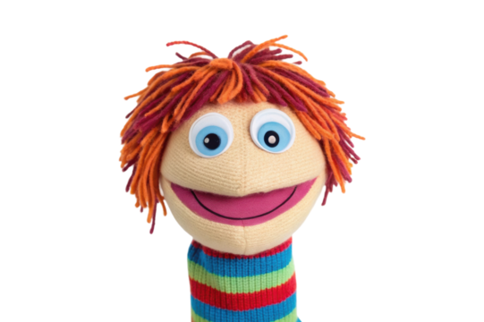 PNG Colorful sock puppet with vibrant yarn hair and striped body