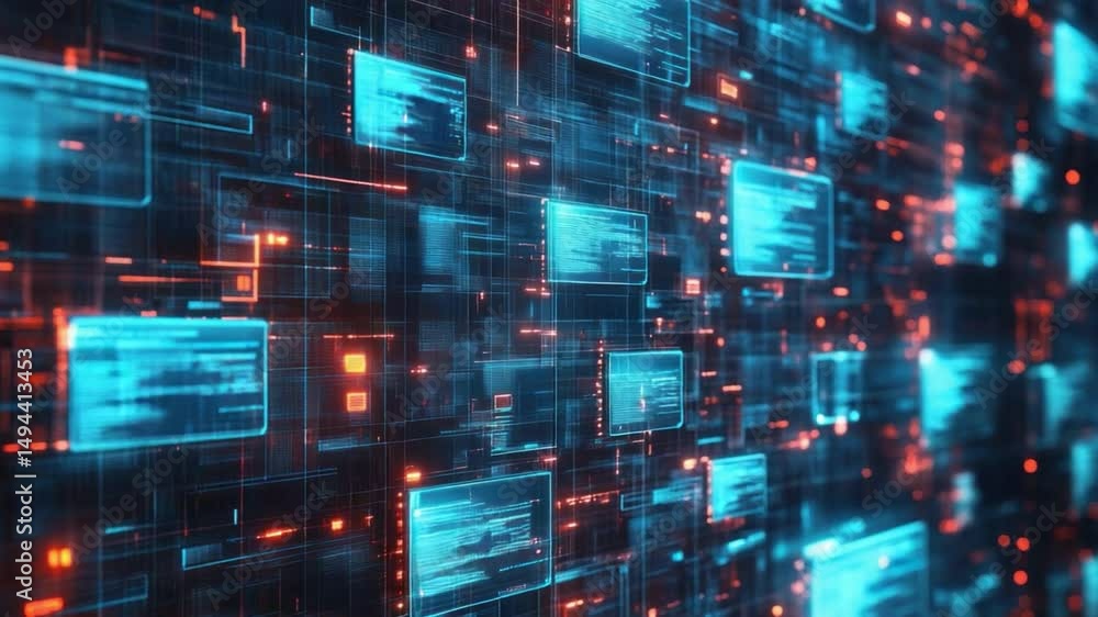 Poster cyber grid: a futuristic digital landscape of interconnected data streams glows with an intricate gr