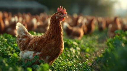 Fototapeta premium free range chickens roaming green farm field at sunrise