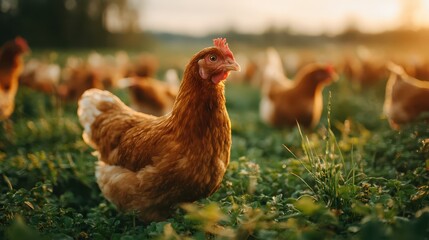 Fototapeta premium Free Range Chickens Grazing in a Green Pasture at Sunset
