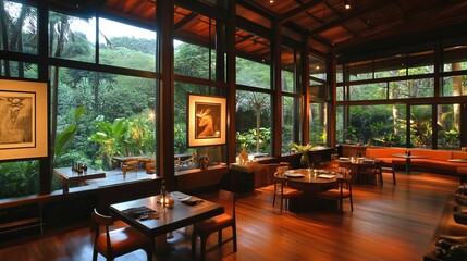 Luxurious wooden interior restaurant, large windows framing lush greenery, elegant tables and artwork