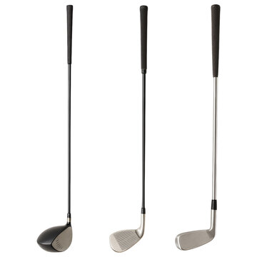 Three golf clubs hanging vertically against transparent background perfect for sports equipment catalogs