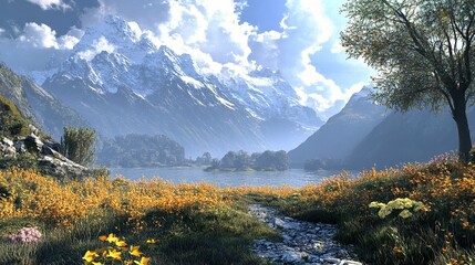 Serene Mountain Lake Landscape Stunning View Breathtaking Scenery Picturesque Nature Spring Flowers Tranquil Peaceful   