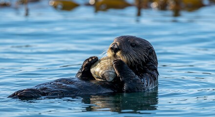Fototapeta premium Sea Otter Enjoying a Clam in Calm Waters