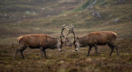 Red Deer Stags Locking Antlers in a Highland Glen