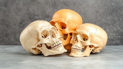 Fototapeta premium Three human skulls of varying colors are arranged together on a textured gray surface, casting subtle shadows in a studio setting for anatomical study and artwork.