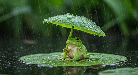 Rainy Day Retreat: A Frog's Serene Umbrella Moment