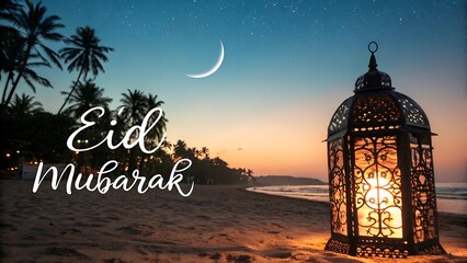 Eid Mubarak: Captivating lantern casting a warm glow against a serene beach scene during a festive celebration, a beautiful crescent moon graces the tranquil night sky, symbolizing peace.