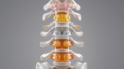 A detailed view shows a human spine model, highlighting the vertebrae and artificial discs in vibrant colors against a gray background for medical illustration.
