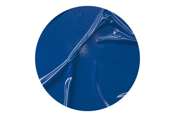 blue circle sticker with crumpled edges. Wrinkled round paper isolated on transparent background.