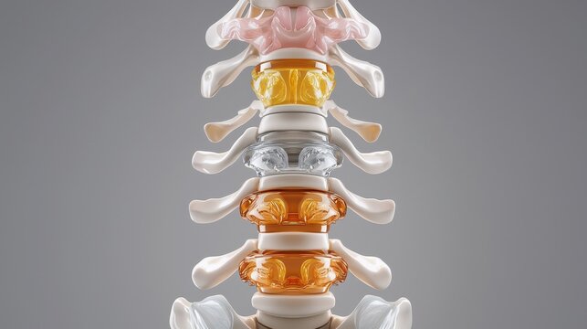 A detailed view shows a human spine model, highlighting the vertebrae and artificial discs in vibrant colors against a gray background for medical illustration.