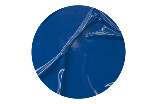 blue circle sticker with crumpled edges. Wrinkled round paper isolated on transparent background.