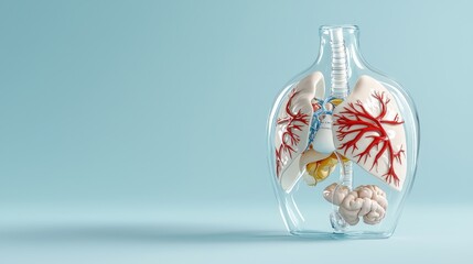 Anatomical model of human organs including lungs, heart, stomach, and intestines encased within glass bell jar on light blue studio background to visualize health.