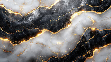 Fototapeta premium A sleek, polished surface of white marble granite, veined with golden flecks, forms the backdrop, its texture a canvas of elegance. A striking black pattern, reminiscent of an abstract graphic, 