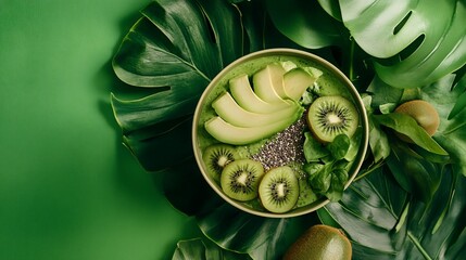 Obraz premium Healthy green smoothie bowl with kiwi, avocado, spinach and chia seeds on a vibrant green monstera leaf background, top view, flat lay