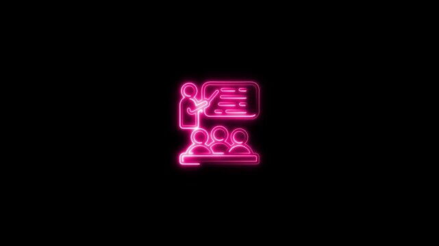 glowing neon training icon animation black background. 4K Video motion graphic animation.