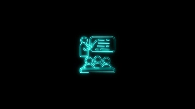 glowing neon training icon animation black background. 4K Video motion graphic animation.