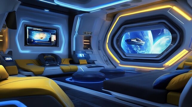Futuristic spacecraft interior, blue/yellow accents, large window showing space & another vessel. Modern furniture & lighting
