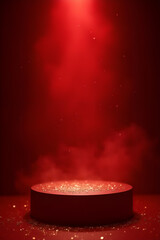 Red background. Stage podium with red smoke, golden spotlight and glitter on dark background. Theatre show and award ceremony concept. Red abstract background