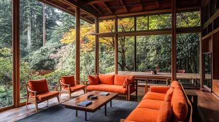 Fototapeta premium Cozy living room with orange furniture, large windows overlooking lush green forest. Warm, inviting interior
