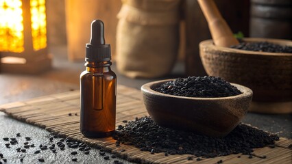 amber dropper bottle and black cumin seeds pile  ancient herbal setting natural medicine middle Eastern atmosphere