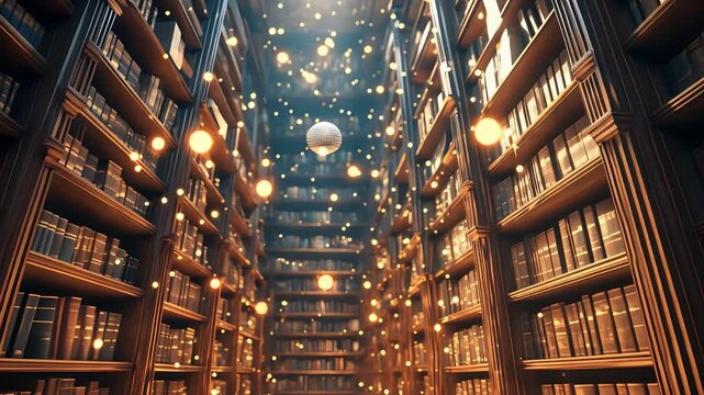 Enchanted library with tall bookshelves glowing lights and floating orbs in magical atmosphere