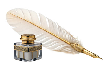 PNG Elegant feather quill and inkwell set with gold detailing